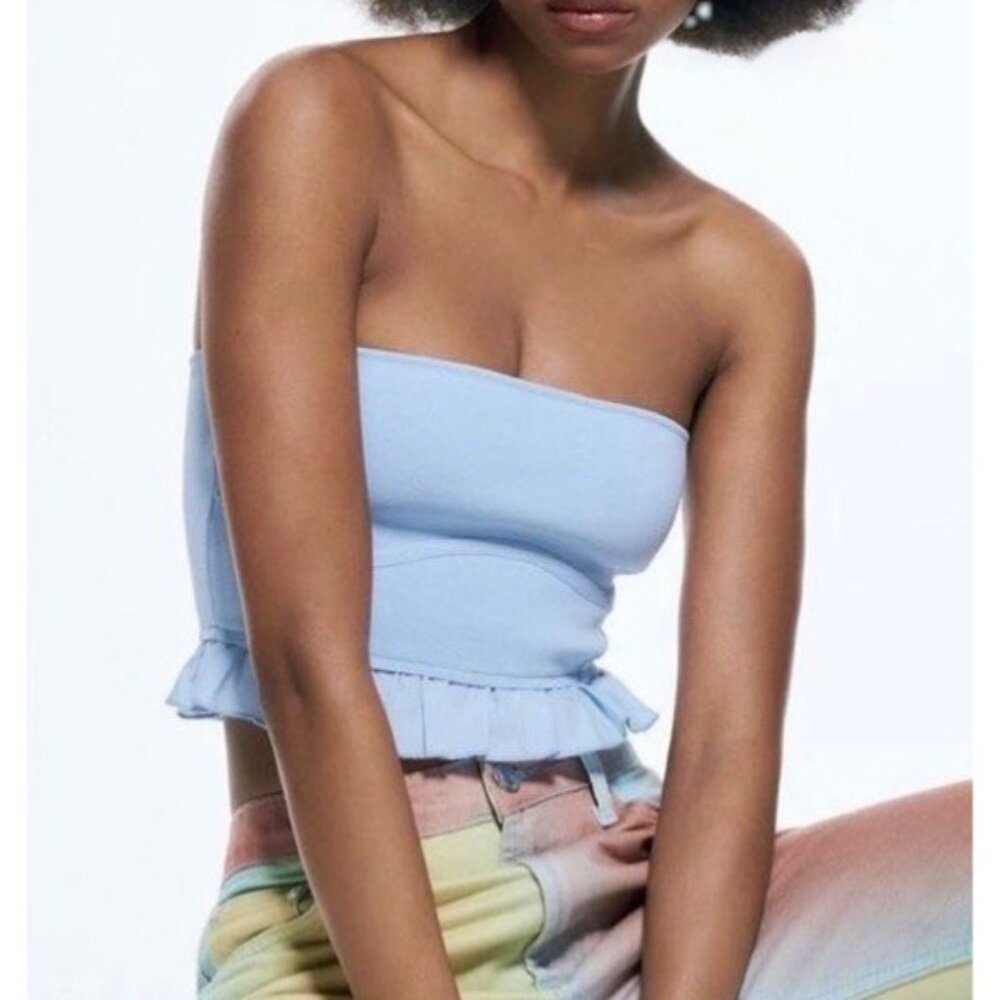 Zara Light Blue Ruffle Corset Bandeau Crop Top | Coastal Cowgirl Balletcore Boho - Picture 5 of 16